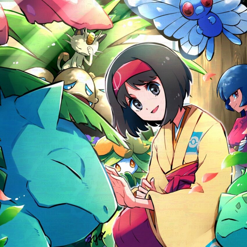 2girls ayo_(ayosanri009) black_eyes black_hair blue_hair bug bulbasaur butterfly butterfree closed_eyes erika_(pokemon) exeggutor game_freak gen_1_pokemon gen_5_pokemon highres insect japanese_clothes kimono lilligant meowth multiple_girls nintendo pokemon pokemon_(creature) pokemon_frlg sabrina_(pokemon) venusaur yellow_kimono