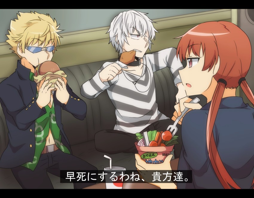 1girl 2boys accelerator_(toaru_majutsu_no_index) artist_request blonde_hair eating food fork highres multiple_boys musujime_awaki pink_eyes red_eyes red_hair sunglasses toaru_majutsu_no_index tsuchimikado_motoharu twintails white_hair