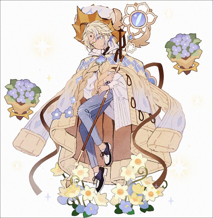 1boy black_shoes black_undershirt blonde_hair blue_eyes blue_flower blue_gemstone blue_pants blue_ribbon coat coat_on_shoulders cookie_run cookie_run:_kingdom cross-laced_footwear crown_hat curtained_hair duffel_coat facial_mark floating floating_object flower flower_pot forehead_mark gem hair_ribbon hakusai_(tiahszld) hat hat_feather heterochromia holding holding_staff humanization invisible_chair long_sleeves low_ponytail male_focus medium_hair multicolored_shoes official_alternate_costume pants parted_bangs ponytail popped_collar puffy_long_sleeves puffy_sleeves pure_vanilla_cookie pure_vanilla_cookie_(pastel_blue) ribbon shirt shoes simple_background sitting smile solo sparkle staff turtleneck untucked_shirt white_background white_hat white_shirt white_shoes yellow_coat yellow_eyes yellow_flower