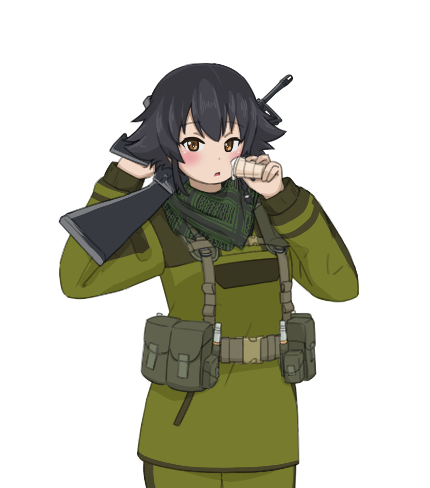 1girl bag black_cat03 brown_eyes girls_und_panzer green_pants green_scarf green_shirt greyscale gun highres holding holding_weapon military_uniform monochrome pants pepperoni_(girls_und_panzer) rifle scarf shirt short_braid short_hair weapon weapon_request