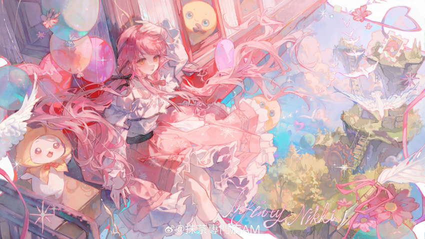 1girl absurdres animal balloon belt bird black_belt black_bow black_ribbon blue_sky bow bow_choker bowtie brown_eyes cat chinese_commentary choker cloak clothed_animal cloud commentary_request copyright_name daisy_(flower) day dove ear_covers feet_out_of_frame fingernails floating_clothes floating_hair floating_island flower frilled_shirt frilled_skirt frilled_sleeves frills hair_bow hair_ribbon hand_on_own_head heart_balloon highres hood hood_up hooded_cloak infinity_nikki kneehighs knees layered_skirt light_particles long_hair long_sleeves looking_ahead low_twintails maccha_(mochancc) medium_skirt momo_(nikki) nikki_(nikki) nikki_(series) off-shoulder_shirt off_shoulder open_mouth outdoors piecey pink_bow pink_bowtie pink_choker pink_flower pink_hair pink_skirt postage_stamp purple_flower railroad_tracks red_bow red_bowtie ribbon shirt single_stripe skirt sky snowflake_print socks sparkle striped_bow striped_bowtie striped_choker striped_clothes train tress_ribbon twintails very_long_hair watermark weibo_watermark white_cat white_shirt white_skirt white_socks wind yellow_cloak