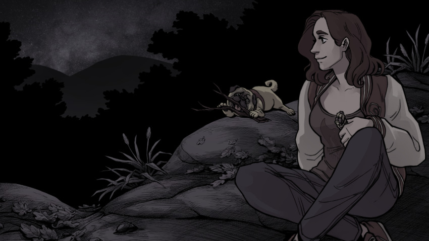 abby_howard branch breasts brown_hair cliff commentary dog english_commentary gretchen_(scarlet_hollow) holding jacket letterman_jacket medium_breasts mountainous_horizon night pug scarlet_hollow sitting smile stella_richmond