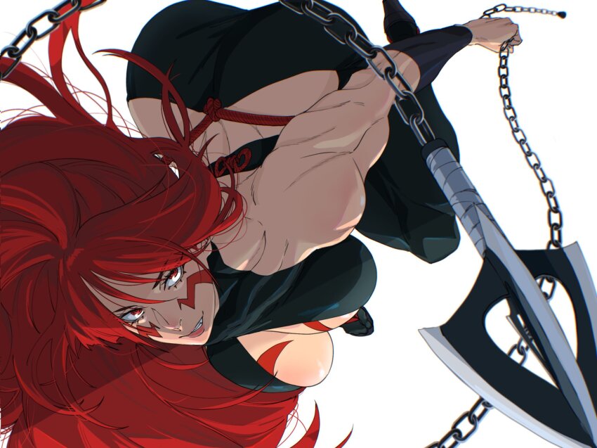 1girl ass bare_shoulders biceps black_pants body_markings breasts chain cleavage facial_hair fuuma_kotarou_(tenkaichi) hair_between_eyes highres holding holding_chain holding_weapon kusarigama large_breasts long_hair mattsun_(lyohei) muscular muscular_female pants parted_lips red_eyes red_hair revealing_clothes shaded_face sickle simple_background solo teeth tenkaichi_nihon_saikyou_bugeisha_ketteisen weapon white_background