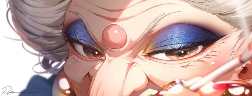 1girl blue_eyeshadow brown_eyes cigarette eye_focus eyeshadow fingernails hashtag-only_commentary holding holding_cigarette jewelry long_eyelashes long_fingernails looking_at_viewer makeup old old_woman red_nails ring ryota_(ry_o_ta) sen_to_chihiro_no_kamikakushi signature simple_background smoke white_background white_hair yubaba