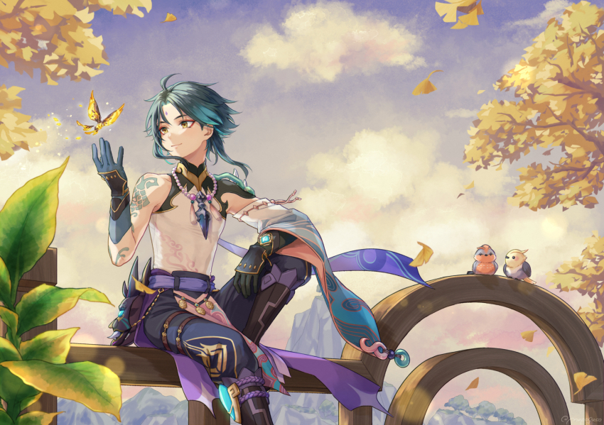 1boy ahoge aqua_hair arm_tattoo armor belt bird black_boots black_hair blue_gemstone blue_gloves blue_pants boots branch bug butterfly butterfly_wings closed_mouth cloud cloudy_sky crystalfly_(genshin_impact) detached_sleeves evening eyeshadow facial_mark feathered_wings fence forehead_mark gem genshin_impact gloves gold_trim gradient_hair hand_up highres insect insect_wings jewelry leaf long_sleeves looking_to_the_side makeup male_focus mandarin_collar mapogeso mountain multicolored_hair necklace outdoors pants pearl_necklace pink_sky purple_belt purple_sky red_eyeshadow shirt short_hair shoulder_armor single_bare_shoulder single_detached_sleeve sitting sky sleeveless sleeveless_shirt smile solo tassel tattoo tree two-tone_hair vision_(genshin_impact) white_shirt wide_sleeves window wings xiao_(genshin_impact) yellow_butterfly yellow_eyes