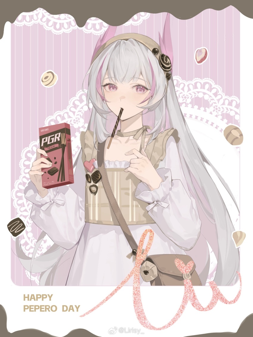 1girl blonde_hair character_name chinese_commentary chocolate food hairband highres lirisy liv_(pgr) looking_at_viewer mouth_hold pink_eyes pink_hair pocky pocky_day punishing:_gray_raven solo watermark weibo_username weibo_watermark