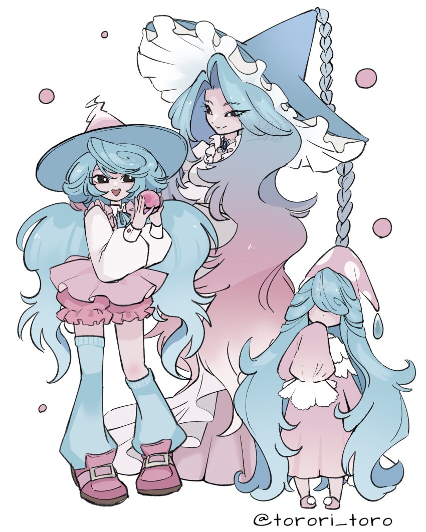 3girls :d absurdly_long_hair absurdres asymmetrical_legwear bloomers blue_hair blue_hat blue_socks blue_thighhighs breasts collared_shirt curtained_hair dress evolutionary_line gen_8_pokemon gradient_hair grin hat hatenna hatterene hattrem highres humanization large_breasts long_hair long_skirt long_sleeves loose_socks loose_thighhigh low_twintails multicolored_hair multiple_girls nintendo open_mouth pink_bloomers pink_dress pink_hair pink_shoes pink_skirt pokemon shirt shoes simple_background skirt sleeves_past_fingers sleeves_past_wrists smile socks teeth thighhighs torori_toro_(oimo_kenpi) twintails twitter_username two-tone_hair underwear uneven_legwear upper_teeth_only very_long_hair white_background white_shirt