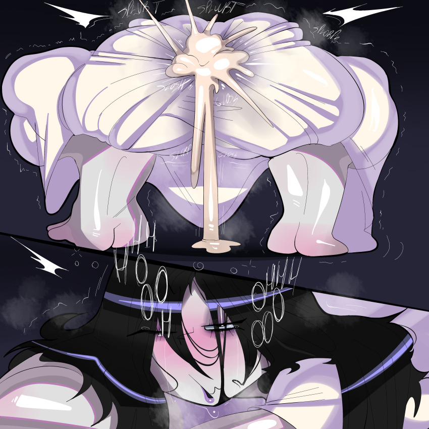 :o absurdres after_anal aftersex black_hair blush clothed_sex clothes colored_skin cum cum_in_ass english_text gradient_background grey_skin highres looking_at_viewer looking_back one_eye_closed open_mouth tayuri the_ring trembling yamamura_sadako