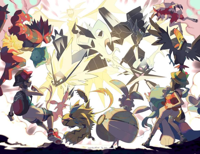 1boy 1girl backpack bag bare_arms black_legwear bracelet brown_hair commentary e_volution elio_(pokemon) espeon gen_2_pokemon gen_7_pokemon hand_up hat holding holding_poke_ball incineroar jewelry legendary_pokemon lycanroc lycanroc_(midnight) magearna minior mythical_pokemon necrozma necrozma_(dawn_wings) necrozma_(dusk_mane) necrozma_(ultra) nintendo poke_ball poke_ball_(basic) pokemon pokemon_(creature) pokemon_usum primarina red_headwear selene_(pokemon) shoes shorts sneakers socks toucannon white_shorts zeraora
