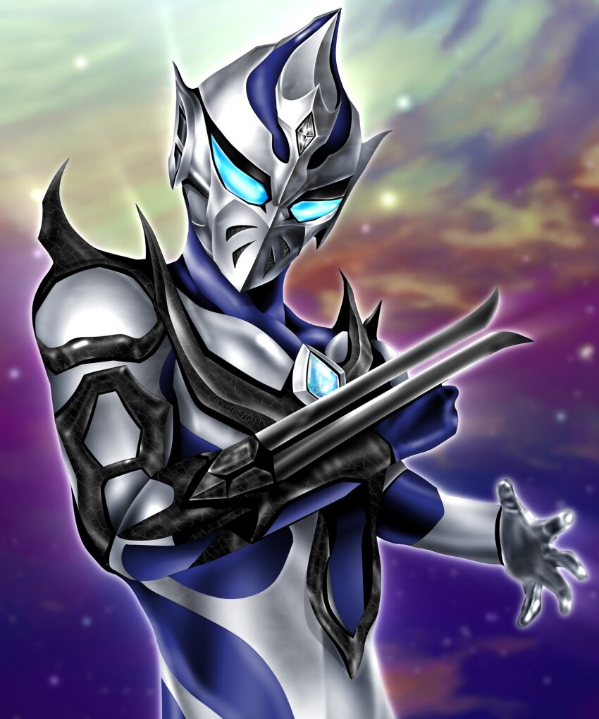 1boy alien arm_blade armor blue_eyes blue_skin breastplate claw_pose clenched_hand collarbone color_timer colored_skin commentary crystal dorsal_fin facial_mark forehead_jewel galaxy galaxy_background gauntlets glowing glowing_eyes hands_up hanejidyna86 highres hudra looking_down male_focus multicolored_skin no_mouth open_hand pointy_ears shoulder_armor silver_skin solo space standing star_(sky) tokusatsu tsurime ultra_series ultraman_tiga:_the_final_odyssey ultraman_tiga_(series) upper_body weapon