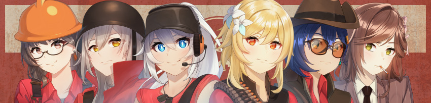 6+girls absurdres acrylicstroke belle_(zenless_zone_zero) blonde_hair blue_eyes blue_hair braid brown_eyes brown_hair brown_vest bullet bulletproof_vest cigarette closed_mouth collared_shirt commission commissioner_upload cosplay dog_tags earrings engineer engineer_(tf2) engineer_(tf2)_(cosplay) entropy_(honkai_impact_3rd) female_dreamseeker_(honkai_impact) flower formal_clothes genshin_impact glasses green_eyes grey_hair hair_flower hair_ornament hat headphones helmet highres honkai:_star_rail honkai_(series) honkai_impact_3rd jacket jewelry kiana_kaslana kiana_kaslana_(herrscher_of_flamescion) long_hair long_image looking_at_viewer lumine_(genshin_impact) medium_hair mihoyo multiple_girls necktie non-web_source orange_eyes ponytail red_engineer_(tf2) red_jacket red_necktie red_scout_(tf2) red_shirt red_sniper_(tf2) red_soldier_(tf2) red_spy_(tf2) rosa_(tears_of_themis) scout_(tf2) scout_(tf2)_(cosplay) semi-rimless_eyewear shirt short_hair short_sleeves single_earring smile smoking sniper_(tf2) sniper_(tf2)_(cosplay) soldier_(tf2) soldier_(tf2)_(cosplay) spy_(tf2) spy_(tf2)_(cosplay) stelle_(honkai:_star_rail) striped_clothes striped_jacket sunglasses team_fortress_2 tears_of_themis trailblazer_(honkai:_star_rail) upper_body vertical-striped_clothes vertical-striped_jacket very_long_hair vest white_flower white_hair white_shirt wide_image yellow_eyes zenless_zone_zero