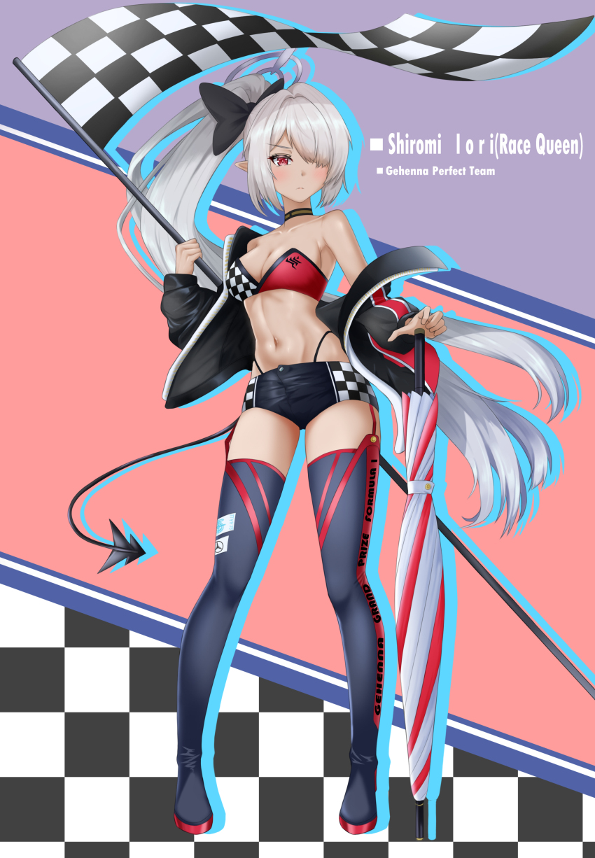 1girl absurdres bandeau bare_shoulders black_choker black_jacket black_shorts black_thighhighs blue_archive boots breasts checkered_clothes checkered_flag choker cleavage closed_mouth ein_tiger flag folding_umbrella hair_over_one_eye halo highleg highres holding holding_flag iori_(blue_archive) jacket long_hair looking_at_viewer midriff navel off_shoulder panty_straps pointy_ears ponytail race_queen red_eyes short_shorts shorts small_breasts solo strapless tail thigh_boots thighhighs very_long_hair white_hair
