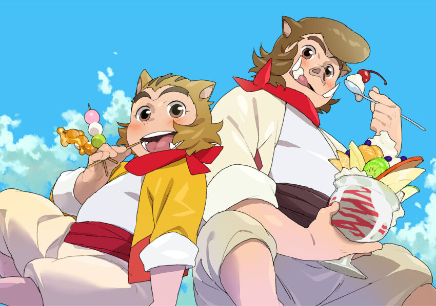 1boy aged_down animal_ears bakemono_no_ko blue_sky blush boar_boy boar_ears brown_hair cloud cloudy_sky commentary_request cup dango eating fat fat_man food furry furry_male holding holding_cup holding_food jiroumaru_(bakemono_no_ko) looking_at_viewer male_focus neckerchief open_mouth pants parfait pig_nose purasu_no_konbu red_neckerchief sitting skewer sky smile wagashi white_happi white_pants yellow_happi