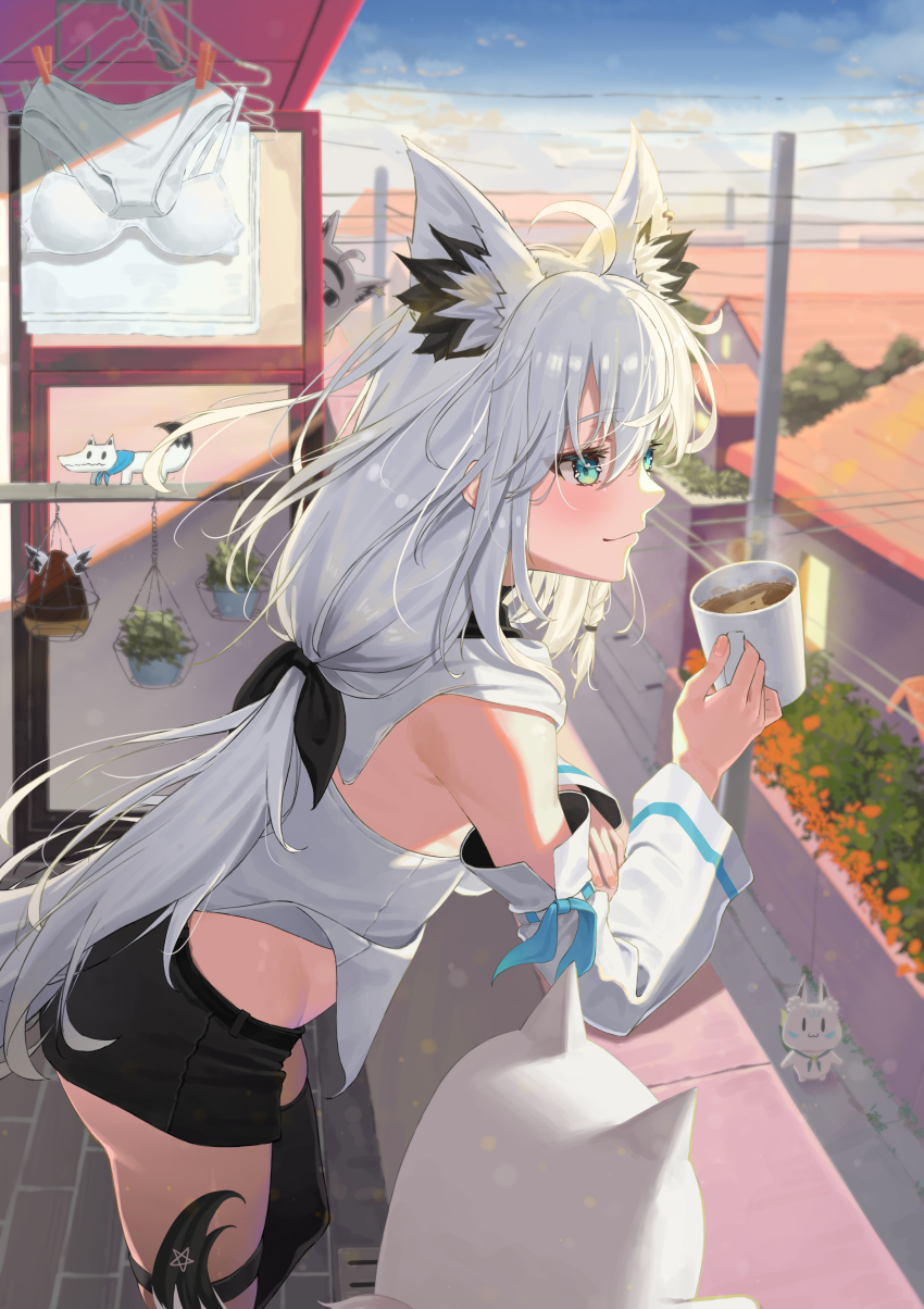 absurdres ahoge animal_ear_piercing animal_ears aqua_eyes balcony bangom_r black_ribbon black_shorts black_thighhighs blue_neckerchief braid closed_mouth cup day detached_sleeves double-parted_bangs fox_ears fox_girl fox_tail fubuzilla_(shirakami_fubuki) hair_between_eyes hair_ribbon highres holding holding_cup hololive hood hooded_vest hoodie long_hair low_ponytail neckerchief oruyanke_(shirakami_fubuki) ponytail ribbon shirakami_fubuki shirakami_fubuki_(1st_costume) short_shorts shorts side_braid single_thighhigh smile sukonbu_(shirakami_fubuki) tail thigh_strap thighhighs very_long_hair vest virtual_youtuber white_hair white_sleeves wide_sleeves