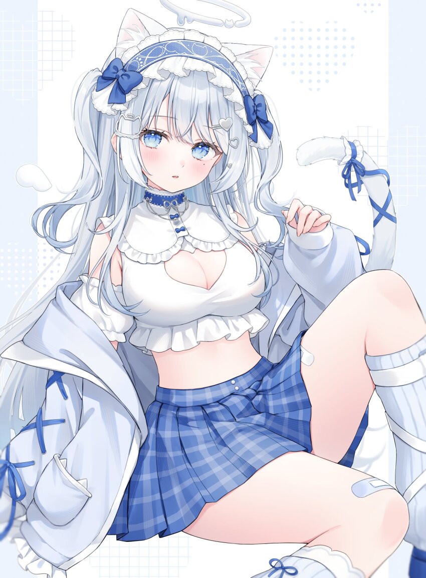 1girl absurdres animal_ears bare_shoulders blue_eyes blue_skirt breasts cat_ears cat_girl cat_tail cleavage cleavage_cutout clothing_cutout commission crop_top detached_sleeves extra_ears frilled_shirt frills grey_jacket halo headdress heart_cutout highres jacket kneehighs large_breasts long_hair long_sleeves looking_at_viewer midriff miniskirt mole mole_under_eye off_shoulder original parted_lips plaid_clothes plaid_skirt pleated_skirt ribbed_socks shano_hiyori shirt short_sleeves skeb_commission skirt socks solo tail thighs two_side_up very_long_hair white_hair white_shirt white_socks
