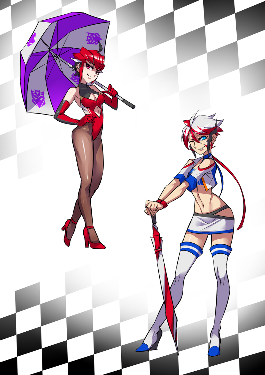 2girls ahoge boots breasts cleavage cleavage_cutout closed_umbrella clothing_cutout elbow_gloves full_body genderswap genderswap_(mtf) gloves hand_on_own_hip high_heel_boots high_heels highres hip_vent knockout_(transformers) leotard miniskirt multiple_girls narrow_waist one_eye_closed pantyhose personification planted planted_umbrella purple_eyes red_hair ryuusei_(mark_ii) short_hair skirt smokescreen_(transformers) standing strapless thigh_boots thighhighs transformers transformers_prime tube_top umbrella wedge_heels wink