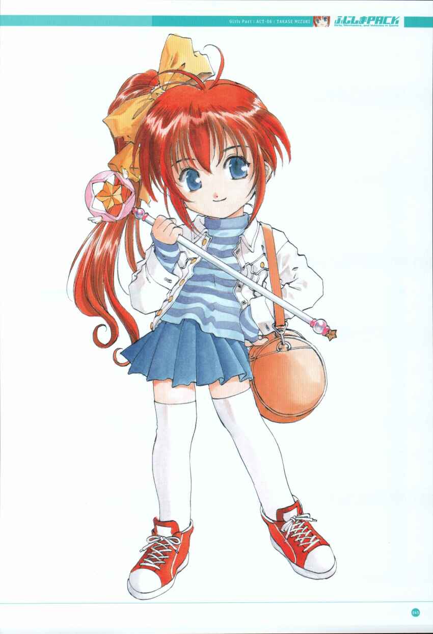absurdres antenna_hair artbook blue_eyes blue_shirt blue_sky blue_sleeves brown_bag button_gap buttons character_name chibi closed_mouth collar collared_jacket comic_party english_text fujishima_kousuke game_jin_partner hair_between_eyes hair_ribbon half_updo high_ponytail highres holding holding_wand horizontal-striped_sleeves horizontal-striped_turtleneck jacket long_hair long_sleeves looking_at_viewer numbered page_number pleated_skirt ponytail red_hair red_shoes ribbon shirt shoes side_ponytail sidelocks skirt sky sleeves_past_wrists smile sneakers star_ornament takase_mizuki turtleneck wand white_collar white_jacket white_sleeves wings yellow_ribbon