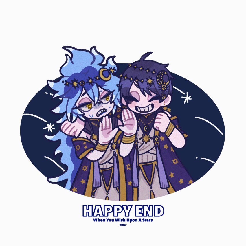 2boys blue_hair coat commentary deuce_spade english_text fiery_hair head_chain highres idia_shroud jewelry long_hair male_focus multiple_boys pinocchio_(disney_movie) sharp_teeth shooting_star short_hair symbol-only_commentary tbr0009 teeth twisted_wonderland very_long_hair yellow_eyes