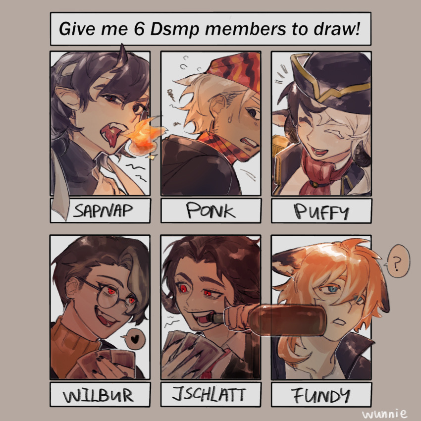 1girl 5boys ? absurdres animal_ears animification balaclava bespectacled bishounen black_hair black_hat blue_eyes bottle breath_weapon breathing_fire brown_hair captainpuffy card character_name chinese_commentary closed_eyes commentary_request dark-skinned_male dark_skin demon_boy dream_smp dropsbyponk english_text fire formal_clothes fox_boy fox_ears fundy_(youtuber) glasses grey_background hat headband highres holding holding_bottle holding_card horns humanization jacket jschlatt long_hair looking_at_viewer lumwunnie male_focus minecraft_youtube multicolored_hair multiple_boys multiple_drawing_challenge open_clothes open_jacket open_mouth orange_hair pirate playing_card red_eyes round_eyewear sapnap sheep_boy sheep_ears sheep_girl sheep_horns short_hair six_fanarts_challenge smile speech_bubble split-color_hair spoken_question_mark streaked_hair suit sweater tongue turtleneck turtleneck_sweater two-tone_hair white_hair white_headband wilbur_soot yellow_sweater
