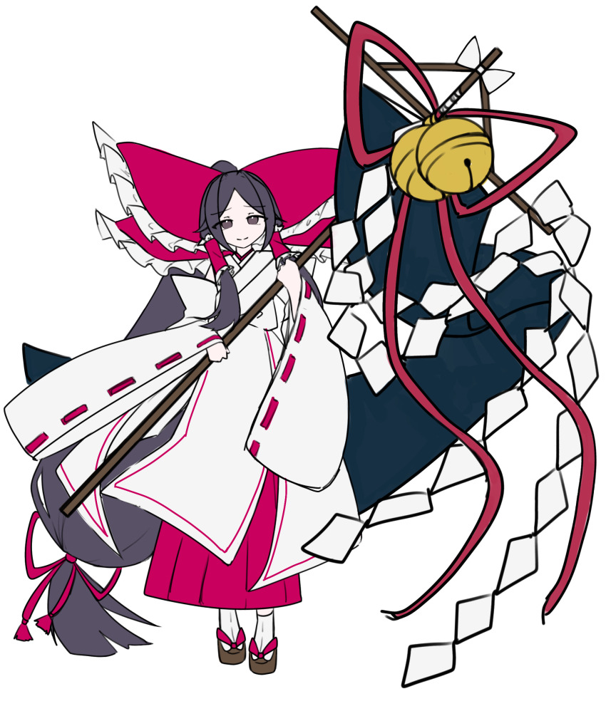 1girl absurdly_long_hair absurdres bell bow brown_eyes chihaya_(clothing) closed_mouth commentary_request foul_detective_satori frilled_bow frilled_hair_tubes frills full_body gensokyo&#039;s_first_hakurei_miko hair_bow hair_tubes hakama hakama_skirt head_tilt highres holding huge_bow japanese_clothes jingle_bell kanae_mituki long_hair long_skirt long_sleeves low-tied_long_hair miko no_nose okobo parted_bangs platform_sandals ponytail red_bow red_ribbon red_skirt ribbon ribbon-trimmed_sleeves ribbon_trim sandals shide sidelocks skirt smile socks solo standing straight-on tabi tassel touhou very_long_hair white_background white_socks wide_sleeves
