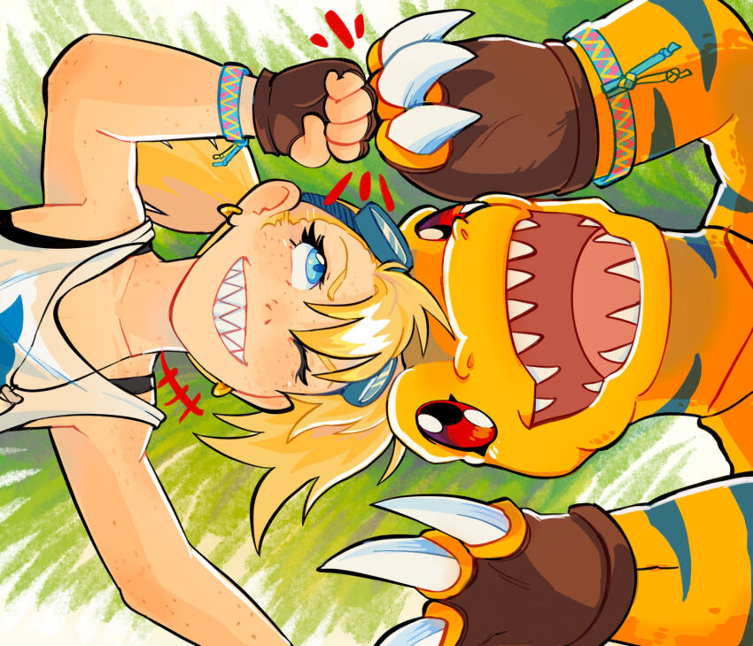 1girl agumon agumon_x-antibody digimon digimon_(creature) highres one_eye_closed open_mouth original sharp_teeth teeth