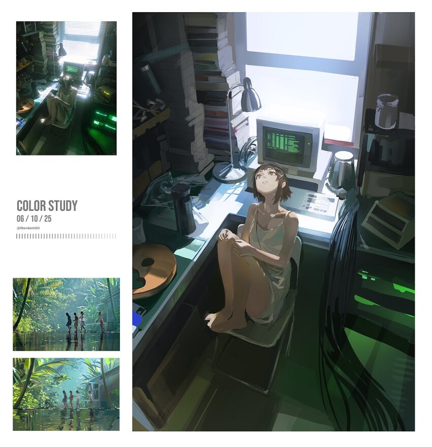 5girls artist_name asymmetrical_hair barefoot book book_stack brown_eyes brown_hair cable camisole chair chemise color_study computer computer_keyboard computer_tower crt dated english_text expressionless flat_chest grass hair_ornament hairclip highres indoors iwakura_lain lamp mandaring0 monitor multiple_girls multiple_views original outdoors photo-referenced reference_photo scenery serial_experiments_lain single_sidelock table water white_camisole white_chemise window wire x_hair_ornament