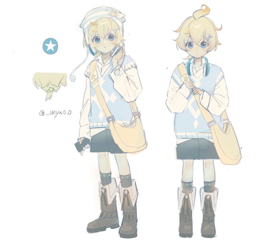 1boy ahoge alternate_costume bag black_shorts blonde_hair blue_eyes blue_hairpin boots cellphone full_body genshin_impact hair_ornament hairpin hat highres holding male_focus messenger_bag mika_(genshin_impact) open_mouth phone short_hair shorts shoulder_bag simple_background smartphone standing u_u_k_e_n white_background