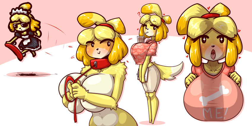 1boy 1girl 2020 ? absurdres animal_crossing breasts bubble_tea_challenge chibi cleavage clothes_writing drinking english_text erection fuck-me_shirt furry glass highres huge_breasts isabelle_(animal_crossing) large_breasts large_penis leash limebreaker looking_at_viewer meme_attire nintendo open_mouth penis penis_shadow pet_play print_shirt sexually_suggestive shadow shirt skateboard star-shaped_pupils star_(symbol) straw symbol-shaped_pupils tongue tongue_out wide_hips yellow_fur