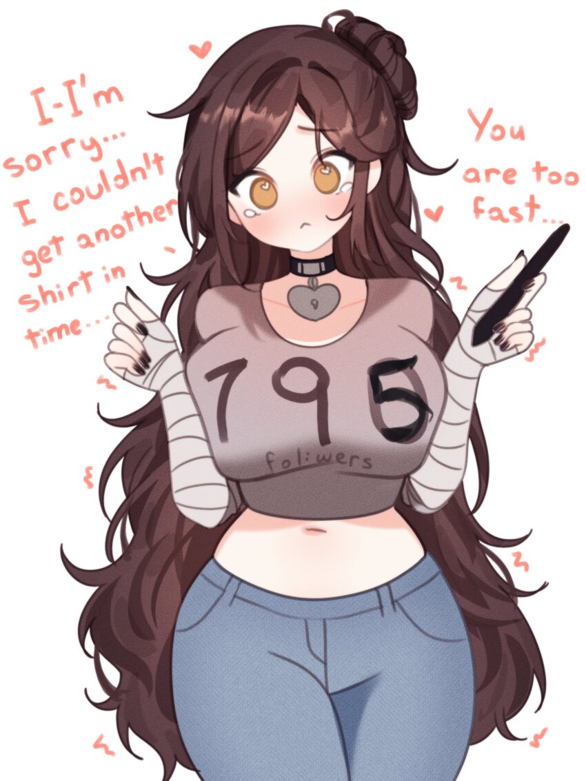 1girl absurdres ahoge bandaged_arm bandages black_nails blue_pants blush breasts brown_eyes brown_hair closed_mouth collarbone denim embarrassed english_text hazel_eyes heart highres holding holding_marker indie_virtual_youtuber large_breasts long_hair looking_at_breasts marker pants shirt sky_above_me sky_above_me_(vtuber) solo standing t-shirt very_long_hair virtual_youtuber white_background