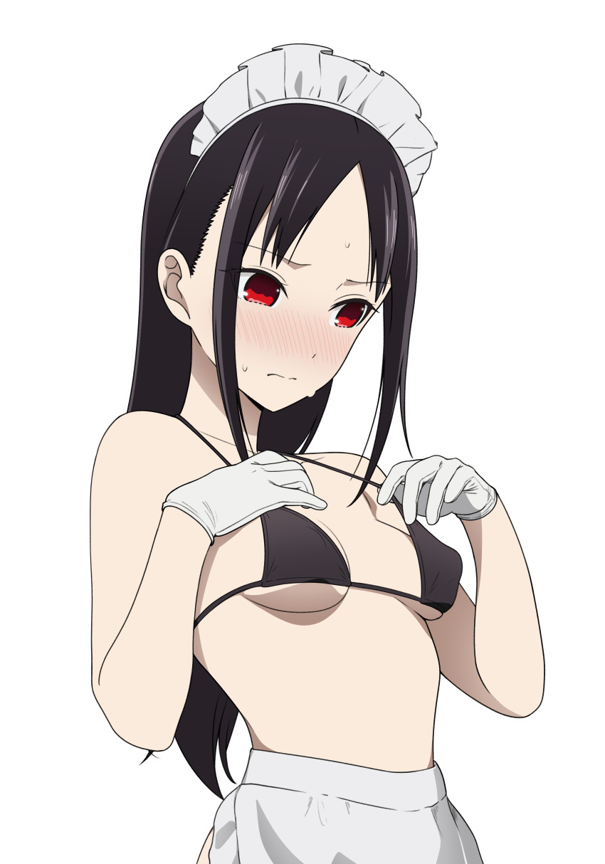 1girl absurdres alternate_costume apron bikini black_bikini black_hair blush breasts coro_fae enmaided gloves highres kaguya-sama_wa_kokurasetai_~tensai-tachi_no_renai_zunousen~ long_hair maid maid_bikini maid_headdress red_eyes shinomiya_kaguya sidelocks small_breasts solo sweat swimsuit unconventional_maid waist_apron white_gloves