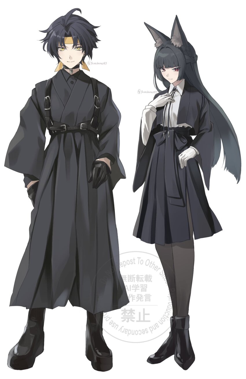 1boy 1girl animal_ear_fluff animal_ears asaba_harumasa belt belt_buckle black_boots black_choker black_gloves black_hair black_kimono black_pantyhose black_skirt blunt_bangs boots buckle choker fox_ears fox_girl full_body gloves headband high-waist_skirt high_belt highres hoshimi_miyabi japanese_clothes kimono long_hair pantyhose rui_(yozakura043) shirt short_hair skirt smile white_background white_gloves white_shirt yellow_eyes yellow_headband zenless_zone_zero