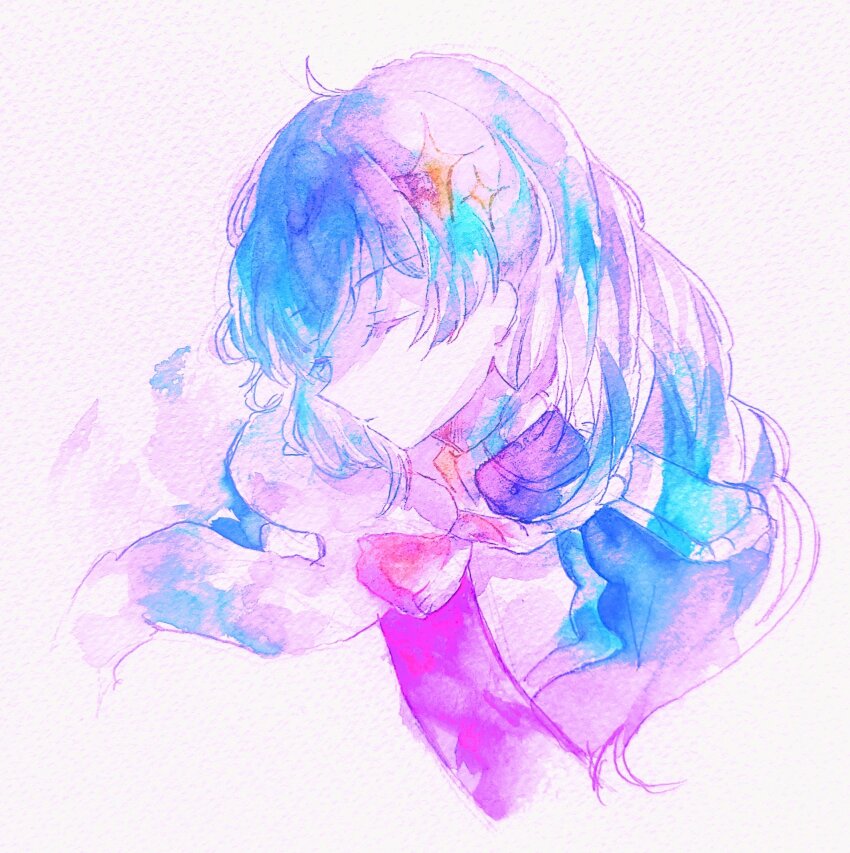aiguillette analogous_colors blue_theme closed_eyes closed_mouth collared_jacket commentary cropped_torso epaulettes facing_to_the_side fur-trimmed_jacket fur_trim highres jacket jacket_on_shoulders kagura_hikari limited_palette long_hair paper_texture purple_theme sash shoujo_kageki_revue_starlight shoulder_sash simple_background single_epaulette sparkle_hair_ornament swept_bangs tassel three_quarter_view upper_body white_background yuri_imo
