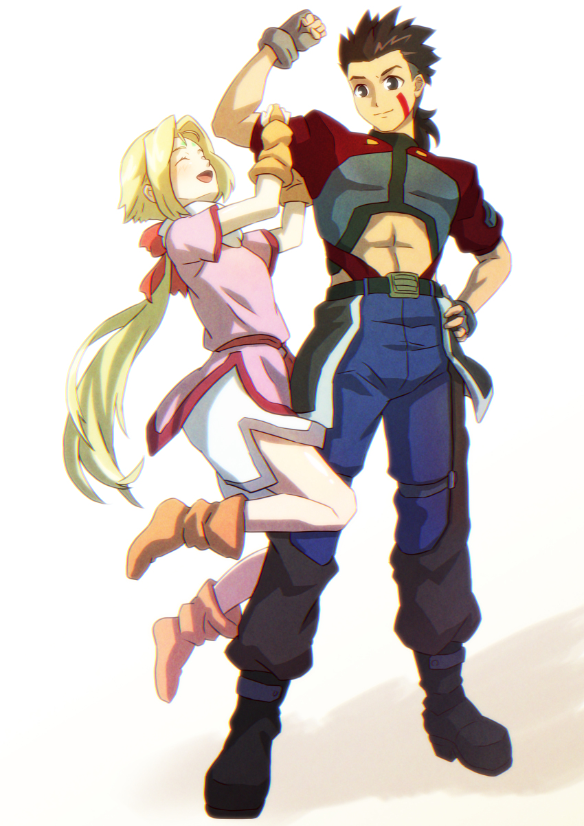 1boy 1girl abs absurdres belt black_belt black_footwear blonde_hair blue_pants boots brown_footwear brown_gloves brown_hair chaps clothing_cutout fingerless_gloves fiona_(zoids) gloves grey_gloves hand_on_own_hip highres ibuki_sakura_(sgw_v07) jacket long_hair low_ponytail pants pink_shirt ponytail red_jacket shirt shorts smile stomach_cutout time_paradox undercut van_flyheight white_shorts zoids zoids_chaotic_century