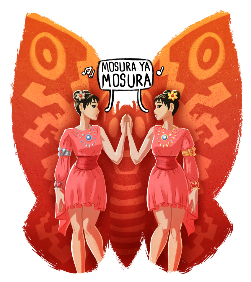 2girls black_eyes black_hair bug dress female_focus flower flower_on_head godzilla_vs._mothra hat highres insect jewelry moth mothra mothra_(series) multiple_girls music necklace pink_dress pyrasterran shobijin siblings singing sisters standing twins