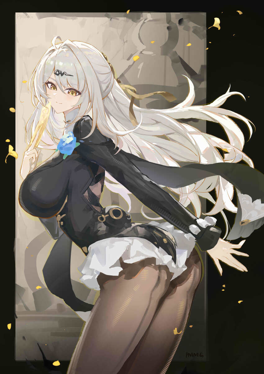 1girl absurdres arm_behind_back ass black_border black_pantyhose bodystocking border breasts closed_mouth commentary_request floating_hair grey_hair highres large_breasts long_hair long_sleeves looking_at_viewer official_alternate_costume pantyhose pmg revision smile solo standing yellow_eyes yixuan_(trails_of_ink)_(zenless_zone_zero) yixuan_(zenless_zone_zero) zenless_zone_zero