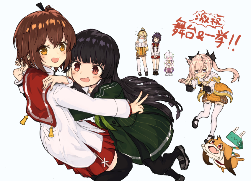 6+girls absurdres ahoge asymmetrical_legwear black_footwear black_gloves black_hair black_hairband black_pantyhose black_thighhighs blonde_hair blunt_bangs brown_eyes brown_footwear brown_hair brown_skirt closed_eyes collarbone commentary_request dress eating etou_kanami fingerless_gloves furrowed_brow gloves green_dress green_neckerchief grey_footwear hair_horns hairband hand_on_another&#039;s_shoulder head_tilt heijou_institute_school_uniform highres hime_cut holding holding_phone itomi_sayaka jacket juujou_hiyori kohagura_ellen loafers long_hair long_sleeves looking_at_viewer mary_janes mashiko_kaoru minoseki_gakuin_uniform multiple_girls neckerchief nene_(toji_no_miko) notice_lines off_shoulder open_mouth osafune_girls_academy_school_uniform pantyhose phone pleated_skirt pushing red_eyes red_sailor_collar red_skirt renpu_girls_school_uniform sailor_collar school_uniform shirt shoes short_hair sidelocks single_loose_sock skirt sleeve_cuffs socks sotonakahara squatting standing thighhighs toji_no_miko translation_request upper_body v v-shaped_eyebrows wavy_mouth white_background white_footwear white_hair white_jacket white_shirt white_socks white_thighhighs yanase_mai yellow_jacket