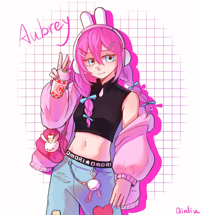 1girl alternate_hairstyle animal_ear_headphones animal_ears aubrey_(birthday)_(omori) aubrey_(faraway)_(omori) aubrey_(omori) blue_eyes blue_nails blue_ribbon breasts charm_(object) closed_mouth crop_top cup cupcake_bunny_(omori) denim drinking_straw fake_animal_ears forest_bunny?_(omori) hair_ornament hair_ribbon hairclip headphones highres holding holding_cup jacket jeans low_twintails multicolored_nails navel official_alternate_costume omori pants pink_hair pink_jacket pink_nails qinliu_cat rabbit_ear_headphones ribbon sleeveless small_breasts smile solo torn_clothes torn_jeans torn_pants twintails v
