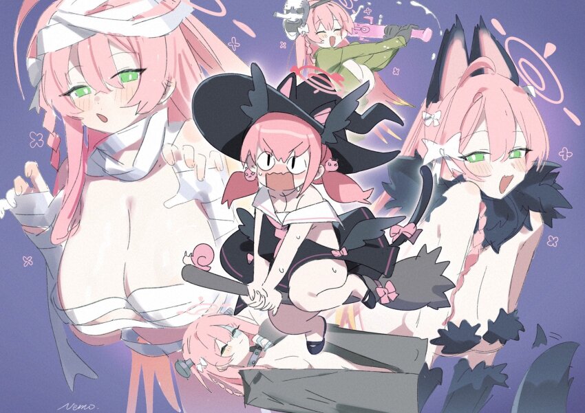 &lt;|&gt;_&lt;|&gt; 2girls airi_(blue_archive) airi_(blue_archive)_(cosplay) airi_(halloween)_(blue_archive) animal_ears bandages black_eyes black_hat blue_archive blush bow breasts broom broom_riding cleavage closed_eyes commentary cosplay flower_symbol frankenstein&#039;s_monster frankenstein&#039;s_monster_(cosplay) green_eyes hair_between_eyes hair_bow halloween halloween_costume halo hanako_(blue_archive) hat head_wings highres holding holding_weapon huge_breasts kazusa_(blue_archive) kazusa_(blue_archive)_(cosplay) kazusa_(halloween)_(blue_archive) koharu_(blue_archive) long_hair mask mask_on_head multiple_girls multiple_views mummy_costume natsu_(blue_archive) natsu_(blue_archive)_(cosplay) natsu_(halloween)_(blue_archive) nemo_(leafnight) open_mouth parted_lips pink_hair sailor_collar signature snail symbol-only_commentary tail twintails weapon white_bow white_sailor_collar wings witch witch_hat yoshimi_(blue_archive) yoshimi_(blue_archive)_(cosplay) yoshimi_(halloween)_(blue_archive)