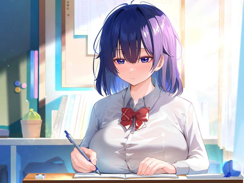 1girl blue_hair blush book breast_rest breasts cactus classroom closed_mouth collared_shirt colored_inner_hair eraser expressionless hair_between_eyes highres holding holding_pencil indoors large_breasts light_rays long_sleeves maeshimashi multicolored_hair notebook original pencil pencil_case purple_eyes purple_hair school_uniform shirt sitting solo sunbeam sunlight two-tone_hair upper_body wet wet_clothes white_shirt window