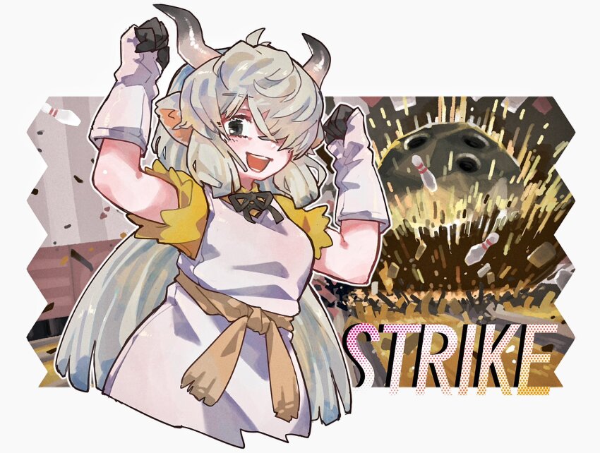 1girl animal_ears ball bow bowling bowling_ball bowling_pin bowtie cow_ears cow_girl cow_horns dress extra_ears gloves grey_eyes grey_hair hair_over_one_eye highres horns kemono_friends long_hair looking_at_viewer shirt solo toki_reatle twintails yak_(kemono_friends)