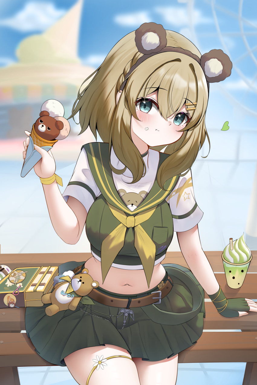 1girl absurdres animal_ears bear_ears bear_girl blush hair_ornament heart highres knosdeba looking_at_viewer school_uniform self-upload shirt short_sleeves skirt strinova stuffed_animal stuffed_toy teddy_bear yvette_(strinova)
