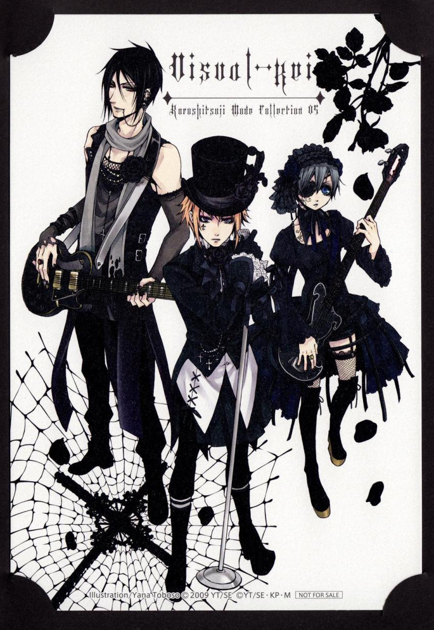 00s 3boys androgynous black_hair blonde_hair blue_eyes boots ciel_phantomhive crossdressing crossdressing_(mtf) drocell_cains drocell_cainz ear_piercing electric_guitar gothic_lolita guitar hat highres instrument kuroshitsuji lolita_fashion male_focus microphone multiple_boys official_art piercing puppet red_eyes scan sebastian_michaelis thighhighs toboso_yana top_hat trap visual_kei yana_toboso
