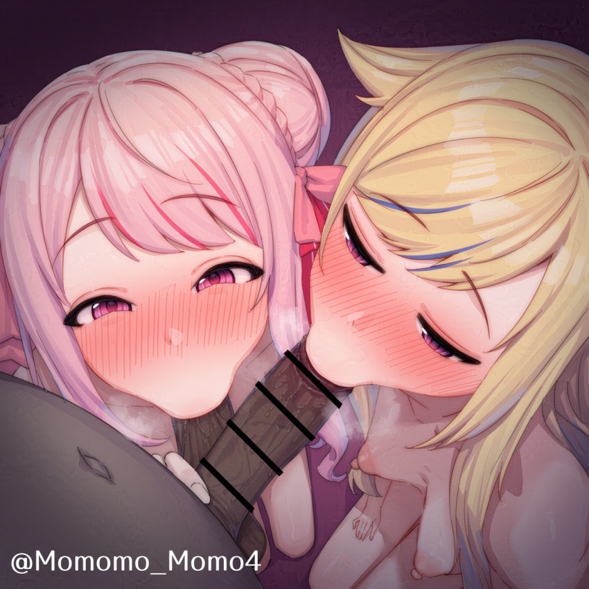 2girls :&gt;= blonde_hair blush breasts cellphone completely_nude cooperative_fellatio double_bun fellatio from_above hair_bun hetero highres himehina_channel long_hair multicolored_hair multiple_girls nose_blush nude oral penis phone pink_hair pov purple_eyes sidelocks small_breasts smartphone streaked_hair suzuki_hina tanaka_hime teamwork_(sexual) testicle_sucking virtual_youtuber yoshiwa_tomo