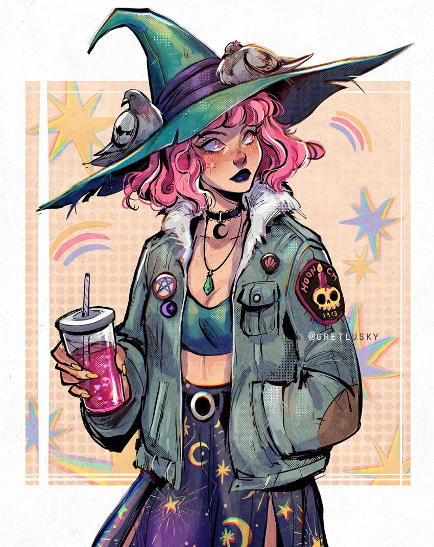 1girl abstract_background animal animal_on_head aqua_sports_bra badge belt bird bird_on_head black_belt black_choker black_lips blue_skirt blush border breasts button_badge choker cleavage commentary cowboy_shot crescent_moon cup denim denim_jacket drinking_straw elbow_patches fingernails frayed_clothes fur-trimmed_jacket fur_trim gem green_gemstone green_hat gretel_lusky hand_in_pocket hat hat_ribbon highres holding holding_cup jacket jewelry long_fingernails looking_to_the_side medium_hair moon on_head open_clothes open_jacket orange_nails original outside_border patch pendant pendant_choker pigeon pink_eyes pink_hair pink_liquid purple_ribbon ribbon skirt small_breasts solo star_(symbol) star_print twitter_username white_border witch_hat