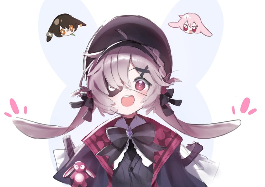 1girl animal_ears ansel_(arknights) arknights ayerscarpe_(arknights) black_coat black_hat black_vest bonnet brown_hair chibi chibi_inset coat commentary english_commentary eyepatch hair_ornament hat highres looking_at_viewer lop_rabbit_ears official_alternate_costume open_mouth pink_eyes pink_hair popukar_(arknights) popukar_(witch&#039;s_swing)_(arknights) purple_hair rabbit_ears red_eyes rinzy simple_background sketch smile teeth trait_connection upper_body upper_teeth_only vest white_background x_hair_ornament