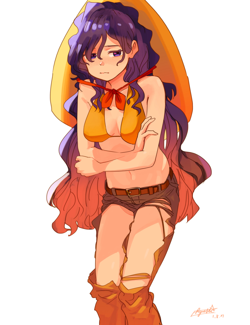1girl absurdres belt bikini bow breasts brown_belt closed_mouth covering_stomach crossed_arms dated embarrassed gradient_hair grey_pants hat_on_back highres legs_together long_hair medium_breasts multicolored_hair navel open_pants orange_hair original pants purple_eyes purple_hair red_bow ryusei_hashida signature simple_background solo standing swimsuit white_background yellow_bikini