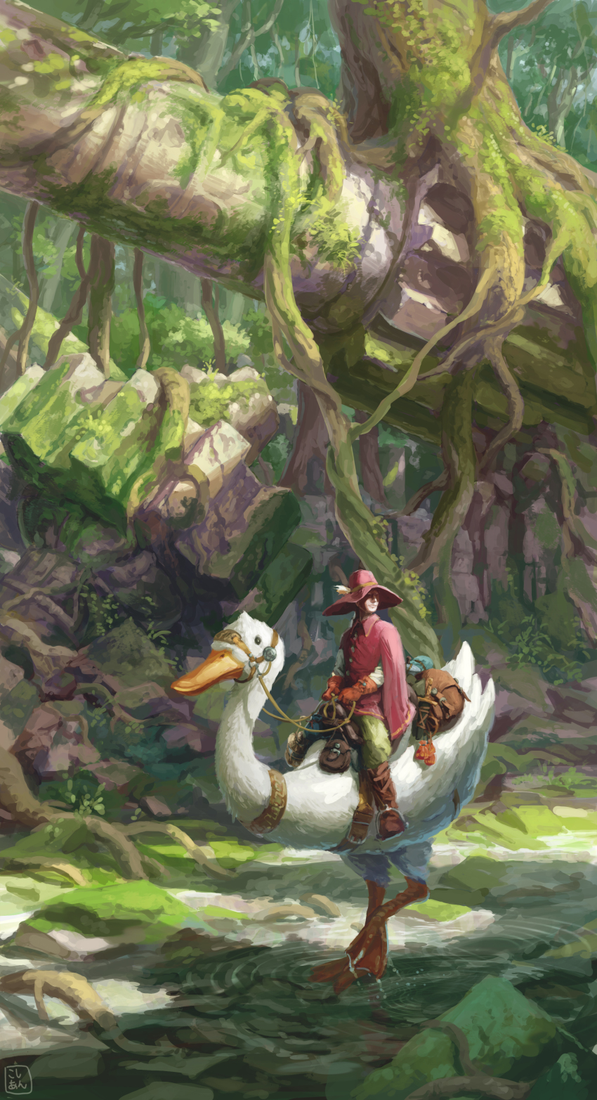 1boy absurdres animal bag bird commentary dagger duck fantasy gloves hat hat_feather highres holding holding_reins knife kosian male_focus original overgrown oversized_animal pants plant_roots poncho pouch puddle reins riding ruins scenery signature solo tree weapon