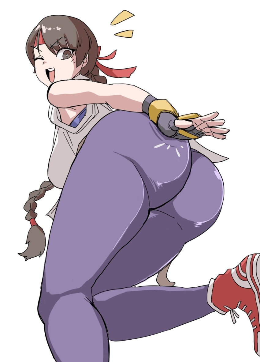 1girl ass bamman bamman12 bouncing_ass braid braided_ponytail breasts brown_eyes brown_hair clothes_lift dougi female_focus from_behind gloves hairband highres huge_ass jiggle karate_gi large_breasts latex leather leather_gloves leg_up leggings long_hair looking_at_viewer looking_back one_eye_closed open_mouth pale_skin pants shoes single_braid skirt skirt_lift smile smiley_face sneakers spandex spanking standing the_king_of_fighters thighs tight_clothes tight_pants wink yoga_pants yuri_sakazaki
