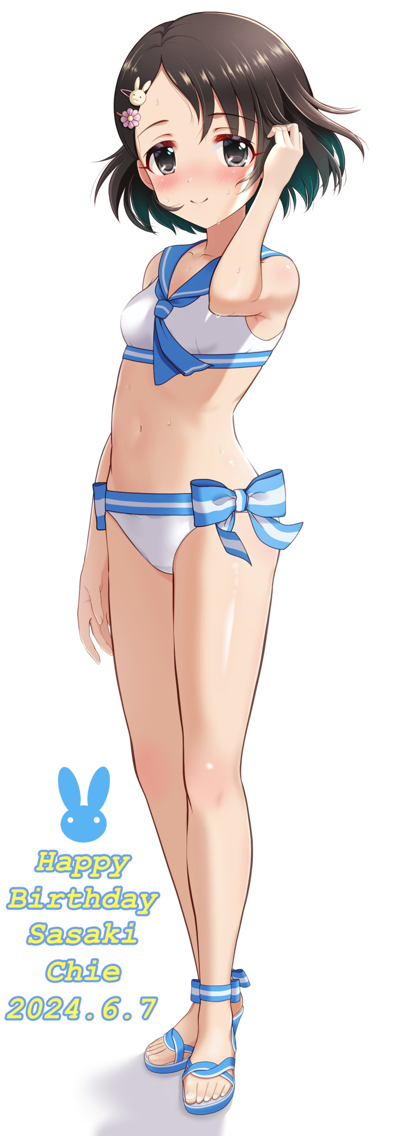 1girl absurdres armpits bare_arms bare_legs bikini black_hair blush breasts character_name collarbone commentary_request dated full_body happy_birthday high_heel_sandals high_heels highres idolmaster idolmaster_cinderella_girls kirinp_u149 navel sailor_bikini sailor_collar sailor_swimsuit_(idolmaster) sandals sasaki_chie short_hair small_breasts smile solo stomach toenails