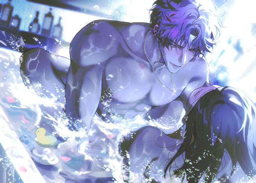 1boy 1girl abs aroused black_hair blush chain chain_necklace closed_eyes collarbone couple evil_fishie hetero highres in_bathtub indoors jewelry love_and_deepspace missionary muscular muscular_male necklace nude open_mouth partially_submerged pectorals protagonist_(love_and_deepspace) purple_eyes rafayel_(love_and_deepspace) sex short_hair wading water_censor wet
